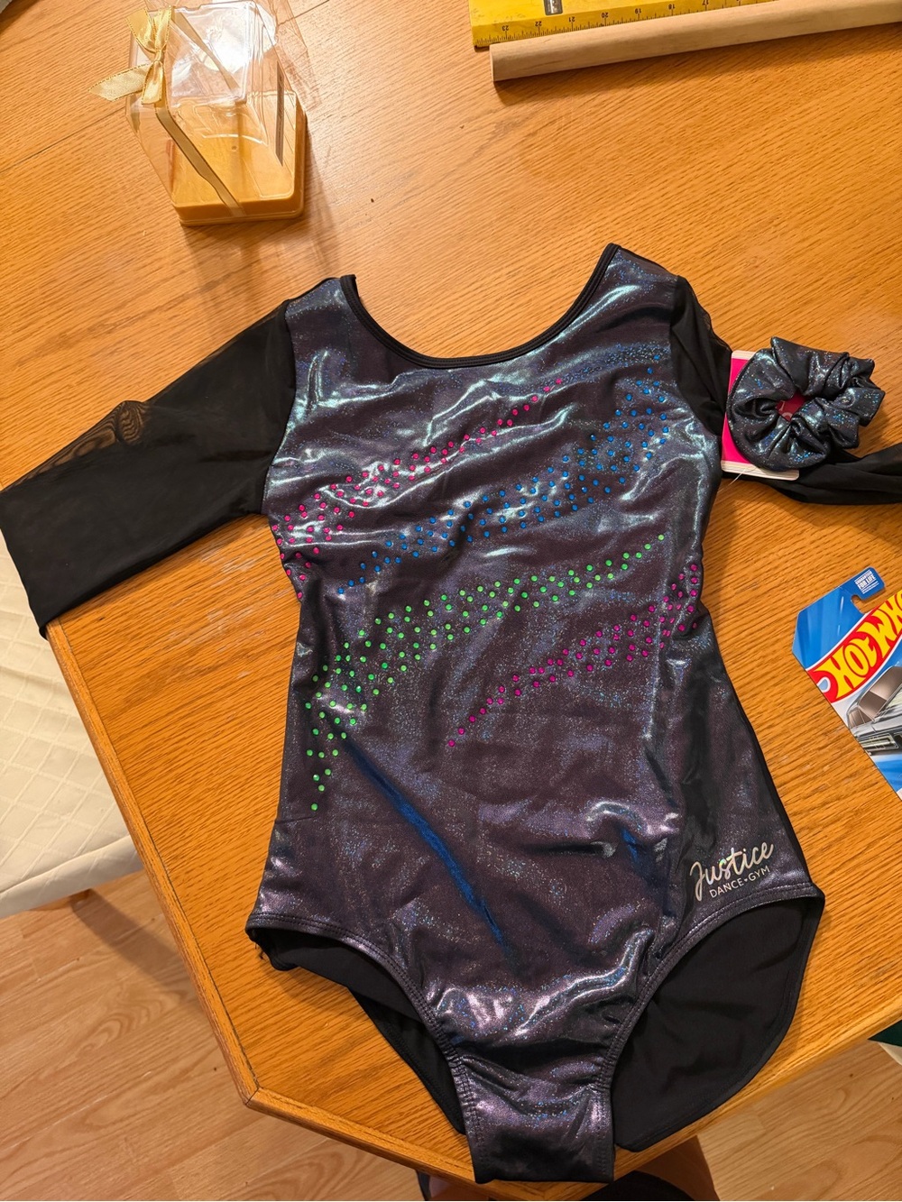 Justice Girls Black Iridescent One-Piece Swimsuit with Pink Blue Green Accents
